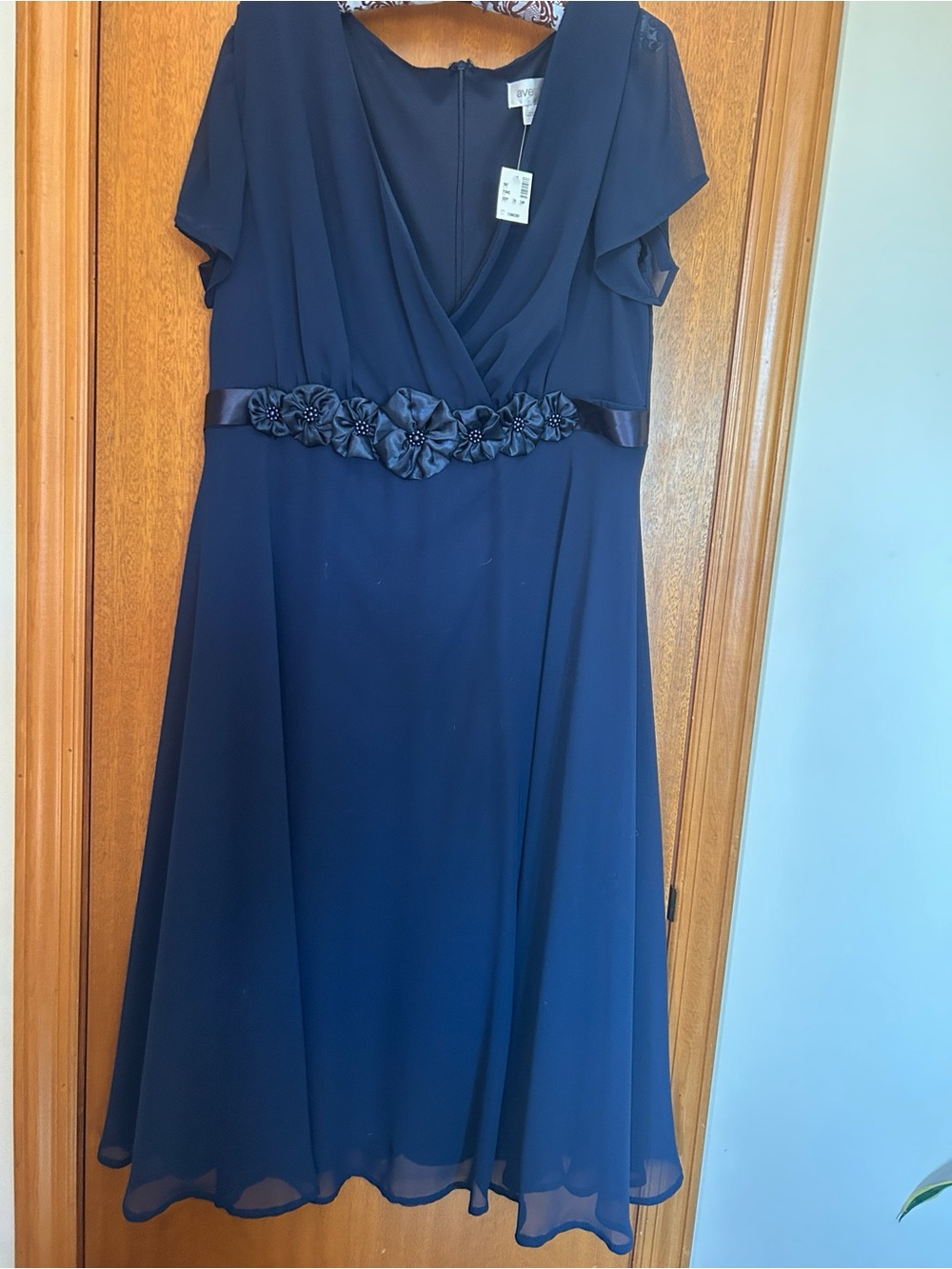 Navy Formal Midi Dress with Floral Waist Detailing - Picture 3 of 7